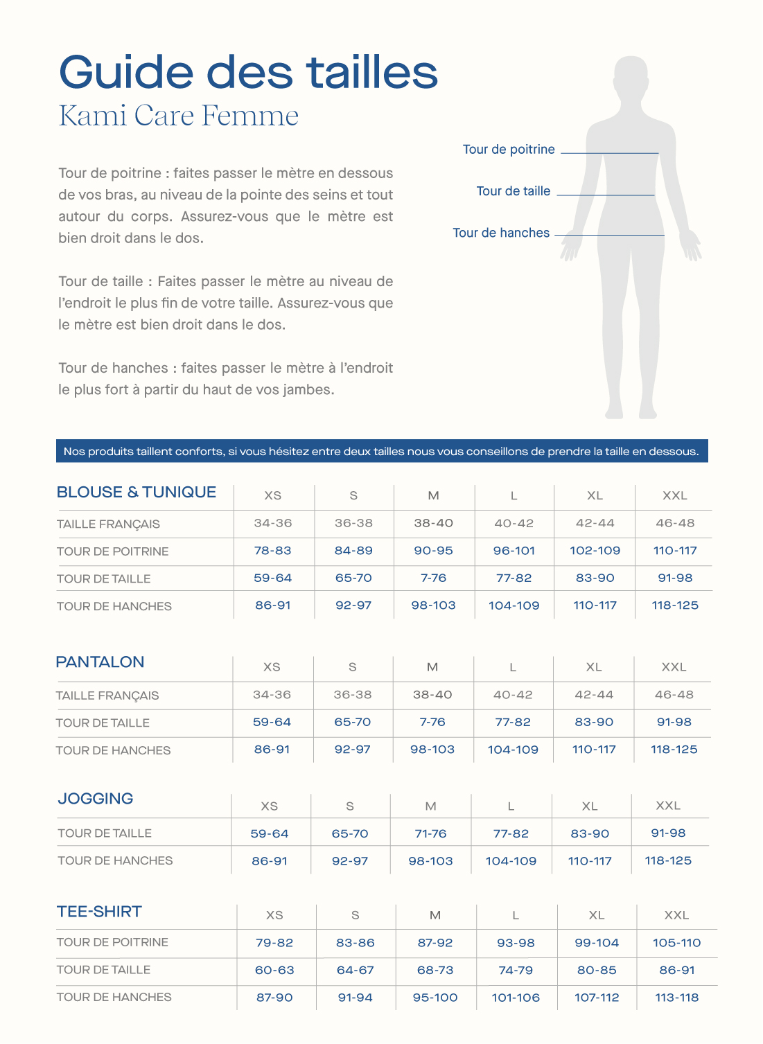 Guide des tailles Kami Care femme